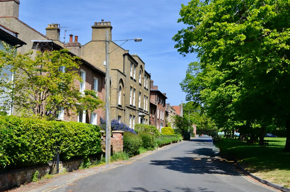 In a residential area, two black public waste bins are positioned on a grassy verge beside a paved pathway, with one bin slightly behind the other. The bins are made of plastic with a smooth finish and feature a blue lid on one, designed for waste disposal. Behind the bins, there is a row of traditional terraced houses with multicoloured bay windows, constructed from light-colored bricks and with slate or tile roofs; some houses have visible chimneys. To the left, a large tree with fresh green foliage extends its branches over the scene, partly shielding the sky which shows a mix of blue and white clouds. The environment appears clean and well-maintained, and the scene likely depicts an area serviced by independent waste collection, such as rubbish removal by a local company like Rubbish Removal Dulwich, instead of council collection. The overall setting emphasizes a quiet suburban street with on-site waste management, characteristic of private rubbish handling solutions in residential districts.